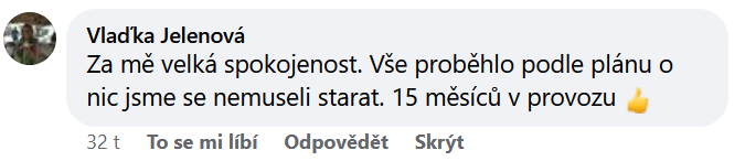 Reakcia klienta na Facebooku #1 Reference: FVE s dotaci Nová zelená úsporám realizovaná v Cerhenicích 