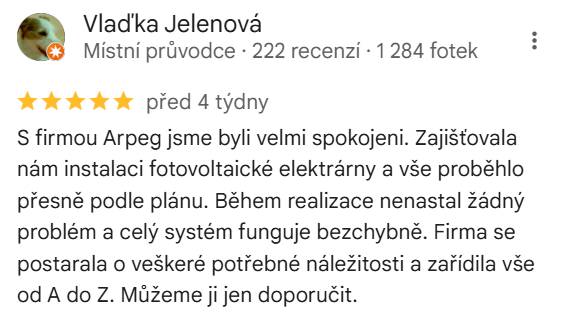 Reakcia klienta na Google #1 Reference: FVE s dotaci Nová zelená úsporám realizovaná v Cerhenicích 