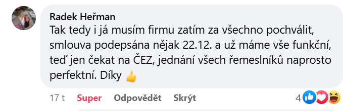 Reakcia klienta na Facebooku #1 Reference: Instalace fotovoltaické elektrárny na míru - Velký Osek 