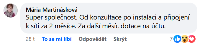 Reakcia klienta na Facebooku #1 Reference: Fotovoltaika s bateriovým úložištěm - Voznice-Chouzavá 