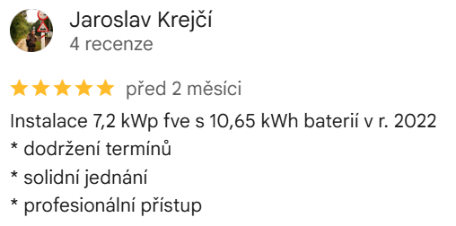 Reakcia klienta na Google #1 Reference: Instalace fotovoltaické elektrárny na míru s baterií - Přerov VI-Újezdec 