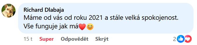 Reakcia klienta na Facebooku #1 Reference: Solární elektrárna s vyřízením dotace Nová zelená úsporám - Újezd 