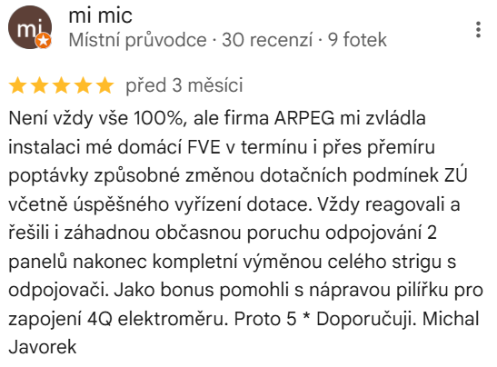 Reakcia klienta na Google #1 Reference: FVE s dobíjecí stanici pro elektromobil a GreenBoxem - Pržno 
