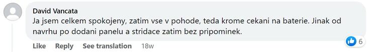 Reakcia klienta na Facebooku #1 Reference: Fotovoltaika s dotací na bateriový systém- Hustopeče 