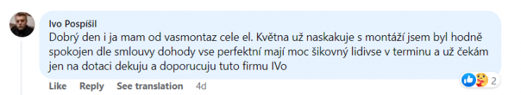 Reakcia klienta na Facebooku #1 Reference: Fotovoltaická elektrárna s dotací na bateriový systém- Šťáhlavy 