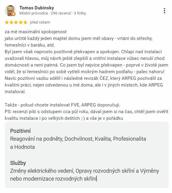 Reakcia klienta na Google #1 Reference: Fotovoltaická elektrárna s dotací na bateriový sytém- Ostrava 