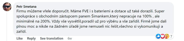 Reakcia klienta na Facebooku #1 Reference: Fotovoltaická elektrárna s dotací na klíč- Žabovřesky nad Ohří 