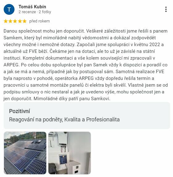 Reakcia klienta na Google #1 Reference: Fotovoltaická elektrárna s vyřízením dotace- Vysoká nad Labem 