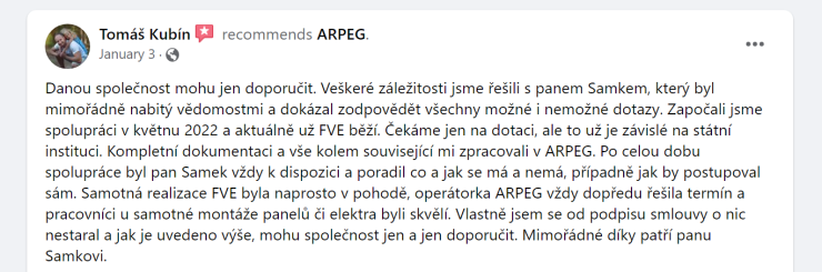 Reakcia klienta na Facebooku #1 Reference: Fotovoltaická elektrárna s vyřízením dotace- Vysoká nad Labem 
