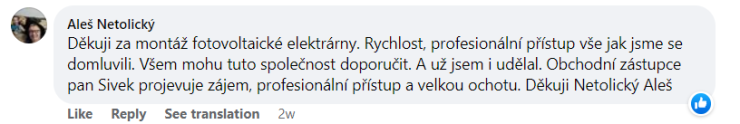 Reakcia klienta na Facebooku #1 Reference: Fotovoltaika s dotaci na bateriový systém- Rychnov nad Kněžnou 