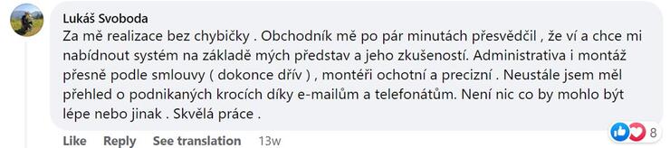 Reakcia klienta na Facebooku #1 Reference: Fotovoltaická elektrárna s dotací na klíč- Sedlnice 