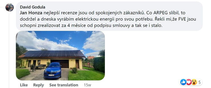 Reakcia klienta na Facebooku #1 Reference: Fotovoltaická elektrárna s vyřízením dotace- Orlová 