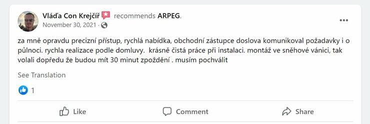 Reakcia klienta na Facebooku #1 Reference: Fotovoltaická elektrárna s dotací na klíč- Rapotín 