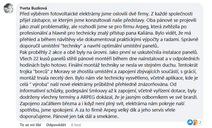 Reakcia klienta na Facebooku #1 Reference: FVE s dotací na bateriový systém- Tuchoměřice 