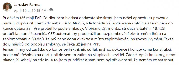 Reakcia klienta na Facebooku #1 Reference: Fotovoltaická elektrárna s dotací na bateriový systém- Líšťany 