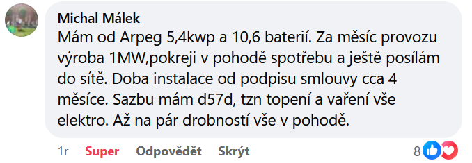 Reakcia klienta na Facebooku #1 Reference: Fotovoltaická elektrárna s dotací instalována v Lenešicích 