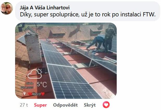Reakcia klienta na Facebooku #1 Reference: Fotovoltaická elektrárna na klíč instalována v Horšicích 