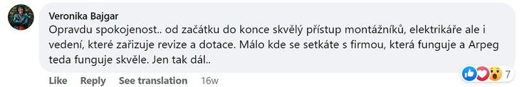 Reakcia klienta na Facebooku #1 Reference: Fotovoltaika s dotací Ostrava 