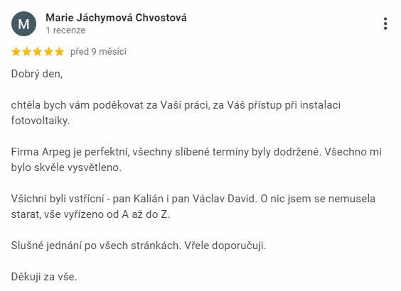 Reakcia klienta na Google #1 Reference: Solární elektrárna s dotací NZÚ instalována ve Strakonicích v Jihočeském kraji 