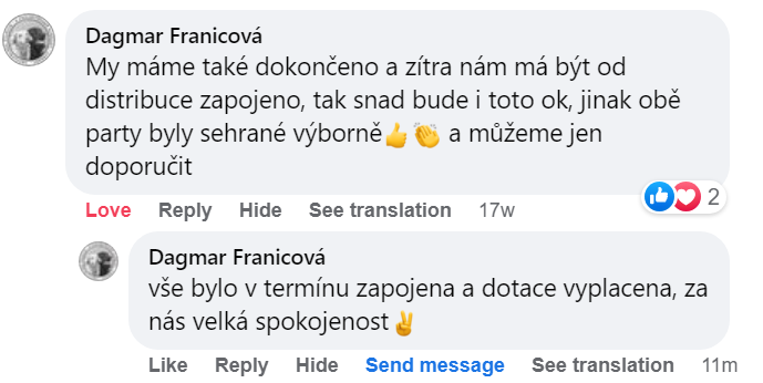 Reakcia klienta na Facebooku #1 Reference: Fotovoltaika s dotaci Nová zelená úsporám - Bílá-Vlčetín 
