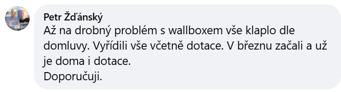 Reakcia klienta na Facebooku #1 Reference: Realizace fotovoltaiky s bateriovým úložištěm - Bakov nad Jizerou 