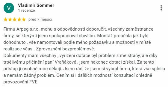 Reakcia klienta na Google #1 Reference: Solární elektrárna s vyřízením dotace - Javornice 