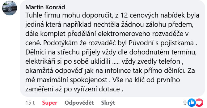 Reakcia klienta na Facebooku #1 Reference: Fotovoltaika na míru s vyřízením dotace - Jakubčovice nad Odrou 