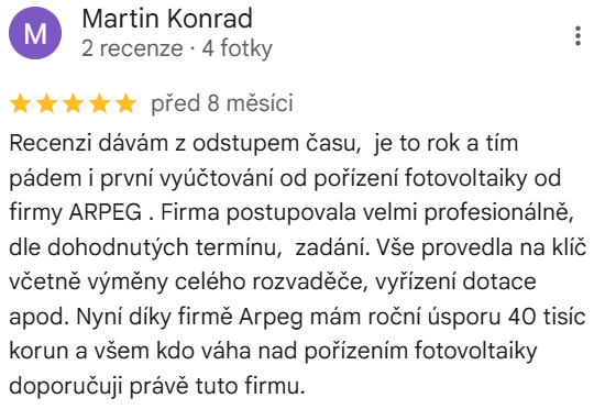 Reakcia klienta na Google #1 Reference: Fotovoltaika na míru s vyřízením dotace - Jakubčovice nad Odrou 